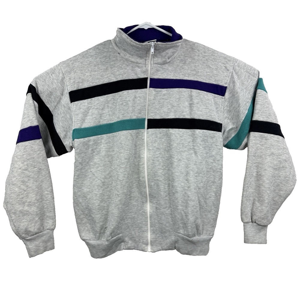 Vtg Mens Acton Fleece Full Zip Jacket Gray Teal Purple Retro Pockets Size Large